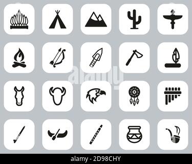 Native American Culture Icons Black & White Flat Design Set Groß Stock Vektor