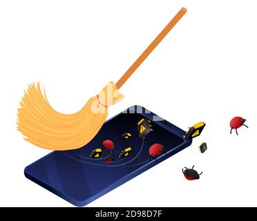 Smartphone-Service und Debugging-Konzept. Besen reinigen Handy von Insekten und Viren. Datenschutz für isometrische Vektordarstellung, Stock Vektor