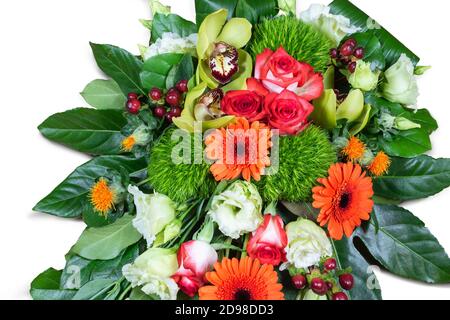 Draufsicht auf bunte Blumenarrangement. Stockfoto