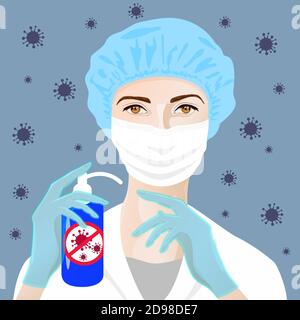 Arzt in einer schützenden medizinischen Maske, bittet um die Bedingungen der Quarantäne zu erfüllen, um die Ausbreitung einer Virusepidemie zu verhindern. Stock Vektor