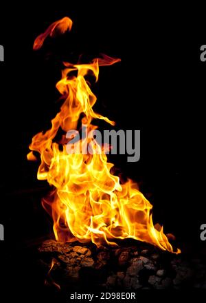 Flammenzungen, isoliert über schwarz. Stockfoto