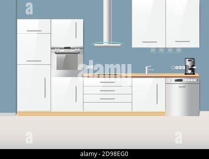 Weiße Küche Innenraum mit Ausrüstung Konzept Vektor bereit für Ihren Einsatz. Stock Vektor