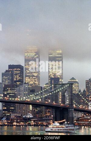 Ein nebliger Blick auf Lower Manhattan von der Dachterrasse eines Brooklyn Wohnhauses an einem regnerischen Abend. Stockfoto