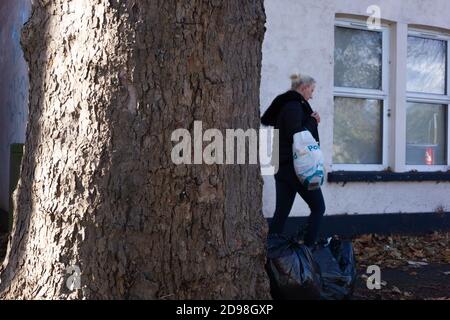 Blick auf eine junge Frau mit blondem Haar, die vorbeigeht Ein großer Baum, der Einkaufen trägt Stockfoto