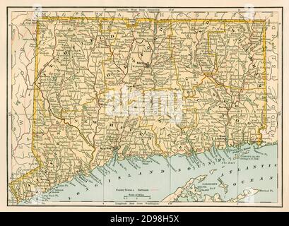 Karte von Connecticut, 1870er. Farblithographie Stockfoto