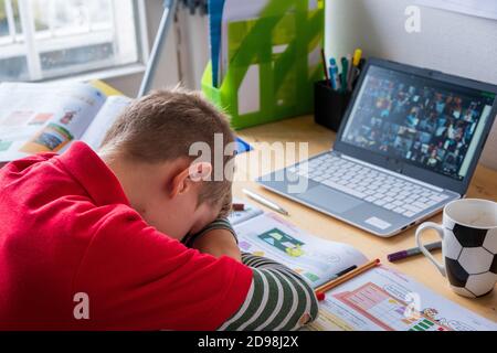 Frustriert Schuljunge Homeschooling während Corona Lockdown Stockfoto