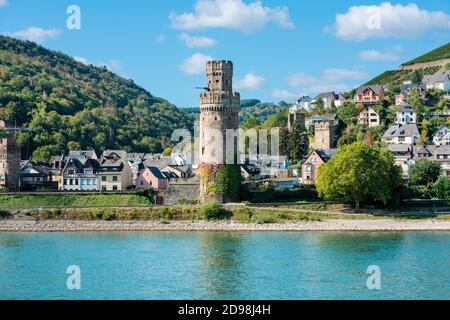 Blick auf den Ochsenturm, Ochsenturm im Dorf Oberwesel. Oberes Mittelrheintal, Rheinland-Pfalz, Deutschland, Europa Stockfoto