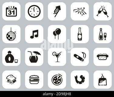 Silvester Oder Silvester Party Icons Black & Weißes Flaches Design Set Groß Stock Vektor