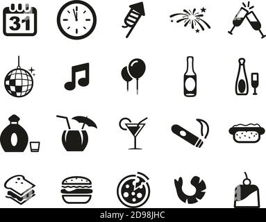 Silvester Oder Silvester Party Icons Black & Weiß Set Groß Stock Vektor