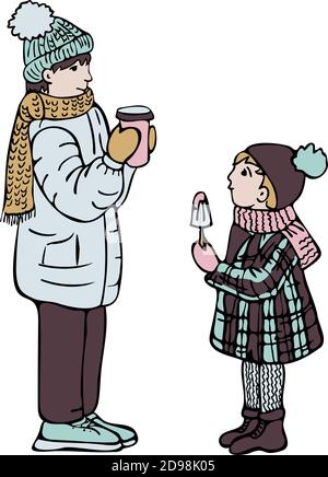 Vektor-Illustration Mann mit heißem Getränk und Kind mit Eis in warmen Kleidern. Winter Saison Illustration Design. Stock Vektor