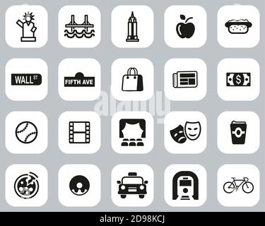 New York City & Kultur Ikonen Black & White Flat Design Set Groß Stock Vektor