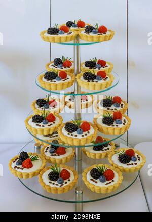 Tartlets Mini Dessert auf Acryl vierstufigen Ständer. Stockfoto