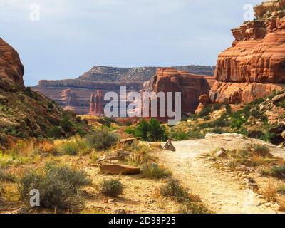 Blick auf eine Felsenspitze im Coppermill Canyon, in Moab, Utah, USA, umgeben von den steilen rötlichen Klippen des Entrada Sandsteins Stockfoto