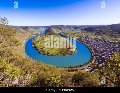 Blick auf die Moselschleife bei der Stadt Bremm, Landkreis Cochem-Zell, Mosel, Rheinland-Pfalz, Deutschland, Europa Stockfoto