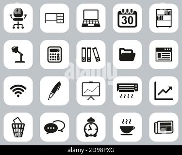 Symbole Für Büro- Und Büroausstattung Schwarz-Weiß-Flachdesign Groß Einstellen Stock Vektor
