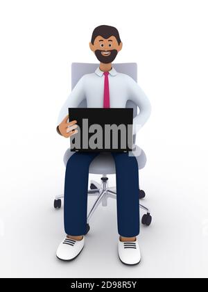 Glücklicher Geschäftsmann mit Bart sitzt auf dem Stuhl, hält Laptop und lächelt. Online arbeiten, Internet nutzen und Internet-Kommunikationskonzept. Stockfoto