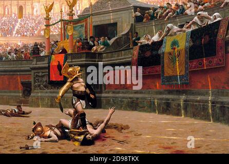 Roman Gladiator / Gladiatoren. Pollice Verso (Daumen nach unten) von Jean-Léon Gérôme (1824-1904), Öl auf Leinwand, 1872. Stockfoto