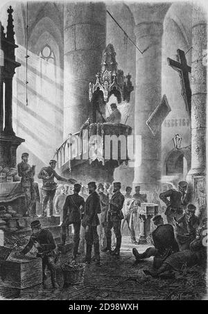 Truppen in der Kirche von Sevran am 21. Oktober 1870, Französisch-Preußischer Krieg, Frankreich / Truppen in der Kirche von Sevran am 21. Oktober 1870, Deutsch-Französischer Krieg, Frankreich, Historisch, historisch, digital verbesserte Reproduktion eines Originals aus dem 19. Jahrhundert / digitale Reproduktion einer Originalvorlage aus dem 19. Jahrhundert, Stockfoto