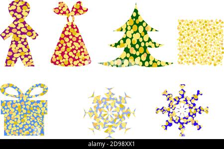 Set von Neujahr und Weihnachtsfiguren mit goldenen Pailletten Stock Vektor