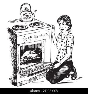 Junge Hausfrau gekleidet in eine Polka Dot Bluse, handgezeichnete Doodle, Skizze, schwarz-weiß Illustration Stockfoto