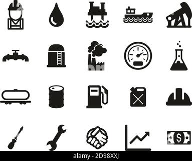 Oil Industry Oder Offshore Oil Platform Icons Black & White Groß Einstellen Stock Vektor