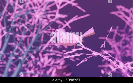 Low poly polygonal Vogel sitzt auf einem Zweig rosa Baum in Feenwald, 3d-Rendering Stockfoto