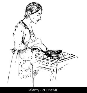 Junge Hausfrau in Polka dot Schürze gekleidet rühren Gemüse in einer Pfanne, handgezeichnete Doodle, Skizze, schwarz-weiß-Illustration Stockfoto