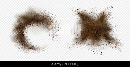 Explosion von Kaffeebohnen und Pulver. Vektor realistische Illustration von gerösteten gerösteten gemahlenen Kaffee und arabica-Korn Stücke mit Spritzer von braunem Staub isoliert auf transparentem Hintergrund Stock Vektor