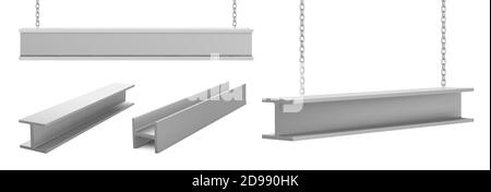 Stahlträger, gerade Metall Industrie-Träger Stücke hängen an Ketten für Bau-und Bauarbeiten Kran heben Eisen Balken isoliert auf weißem Hintergrund, realistische 3d-Vektor-Illustration, Set Stock Vektor