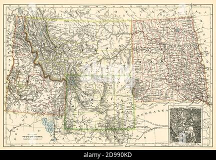 Map of Dakota Territory, Montana, Idaho, and Wyoming, 1870s. Color lithograph Stockfoto