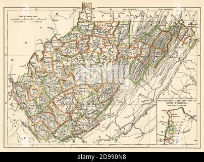 West Virginia map, 1870s. Color lithograph Stockfoto