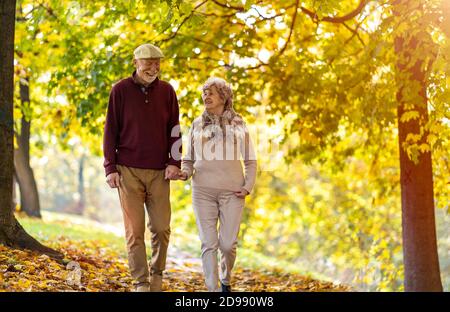 Glückliches Seniorenpaar, das Zeit zusammen in einem wunderschönen Stadtpark verbringt Im Herbst Stockfoto