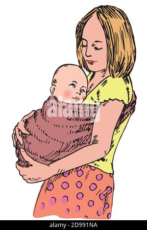 Junge Mutter hält ihr Kind auf den Händen in Schlinge, handgezeichnete Doodle, Skizze in Pop-Art-Stil, Farbe Illustration Stockfoto
