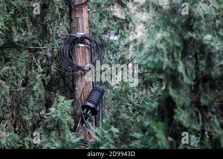 Viele unorganisierte Internet- und Fernsehkabel auf einem Holzmast in Bukarest. Stockfoto