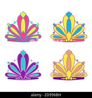Set von farbigen Prinzessin Kronen. Flach. Tiaras isoliert auf weißem Hintergrund. Vektorgrafik. Stock Vektor