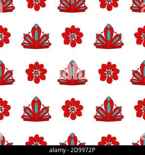 Muster für das Mädchen. Prinzessin Krone und Blumen. Kinder Vektor nahtlose Muster. Rote Kronen und Blumen auf weißem Hintergrund. Rot und weiß. Stock Vektor