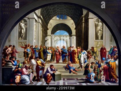 Die Schule von Athen von Alvarez Enciso Domingo 1737–1800) war ein spanischer Maler Spanien, nach Raffaello Sanzio da Urbino auf der linken Seite Plato und Aristoteles auf der rechten Seite (Schule von Athen, Fresko (1508–11) gemalt des Künstlers Raphael, in der Stanza della Segnatura, einem Raum in den Privatwohnungen von Papst Julius II. Im Vatikan). Stockfoto