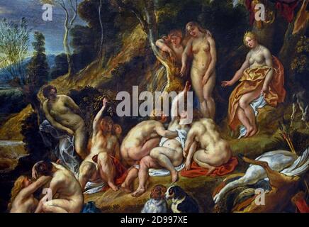 Diana und Calisto 1427 Jacob Jordaens 1593 - 1678 Jacob (Jacques) Jordaens 1593 –1678 der flämische Maler, Zeichner und Tapisserie-Designer ist bekannt für seine historischen Gemälde, Genreszenen und Porträts. Belgien, Belgien, Flämisch, ( Diana war die Göttin der Jagd, des Mondes und der Natur in der römischen Mythologie, verbunden mit wilden Tieren und Wäldern, und die Macht, mit Tieren zu sprechen und zu kontrollieren. Sie wurde mit der griechischen Göttin Artemis gleichgesetzt. ) Stockfoto