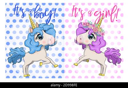 Baby Dusche Grußkarte mit niedlichen Cartoon Einhorn Mädchen und Junge Stock Vektor