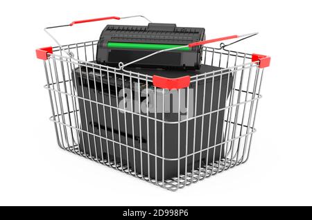 Drucker Laser MFP im Warenkorb, 3D-Rendering isoliert auf weißem Hintergrund Stockfoto