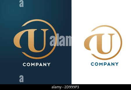 U Alphabet Buchstaben Logo Symbol in Gold und blau Farbe. Einfaches und kreatives goldenes Kreisdesign für Unternehmen und Unternehmen Stock Vektor