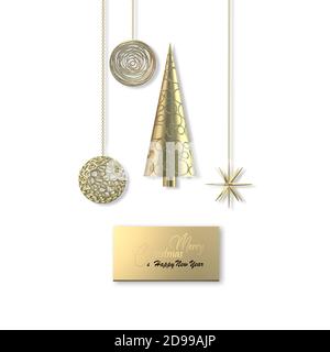 Abstrakte Weihnachten in Gold. 3D abstrakt Weihnachtsbaum, hängende Schneeflocken, Golddekorationen. Text Frohe Weihnachten Frohes neues Jahr. 3D-Illustration Stockfoto