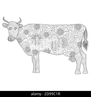 Handgezeichnete Doodle Umriss Kuhkopf mit Ornamenten verziert. zentangle Illustration.Florale Ornament. Stock Vektor
