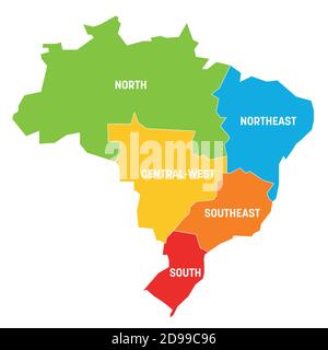 Bunte politische Landkarte von Brasilien. Staaten teilen sich durch Farbe in 5 Regionen. Einfache flache Vektorkarte mit Beschriftungen. Stock Vektor
