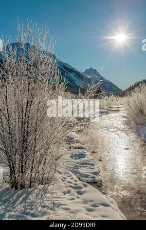 Inn River Winterlandschaft bei Celerina im Engadin, Graubünden, Schweiz Stockfoto