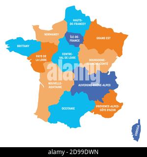 Bunte politische Landkarte von Frankreich. Administrative Divisionen - Metropolregionen. Einfache flache Vektorkarte mit Beschriftungen. Stock Vektor