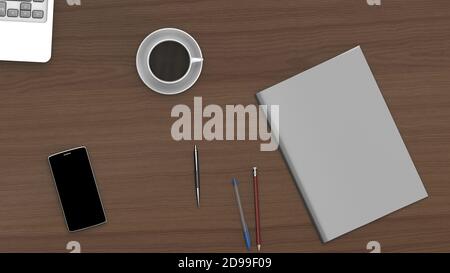Draufsicht 3D-Rendering: Telefon, Notizbuch, Stifte und eine Tasse Kaffee, Modelliervorlage, auf einem Bürotisch Stockfoto