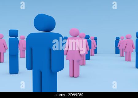 3D-Render: Weibliche und männliche Darstellung einer Menschenmenge, die in sicherer Entfernung, Seitenansicht, voneinander aufgrund der Coronavirus-Pandemie steht. Stockfoto