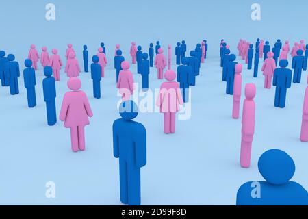3D Render: Weibliche und männliche Darstellung einer Menschenmenge, die in sicherer Entfernung, von oben, von einander durch die Coronavirus-Pandemie, steht. Stockfoto