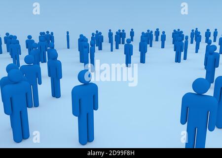 3D Render: Männliche Darstellung einer Menschenmenge, die aufgrund der Coronavirus-Pandemie in sicherer Entfernung zueinander steht. Stockfoto